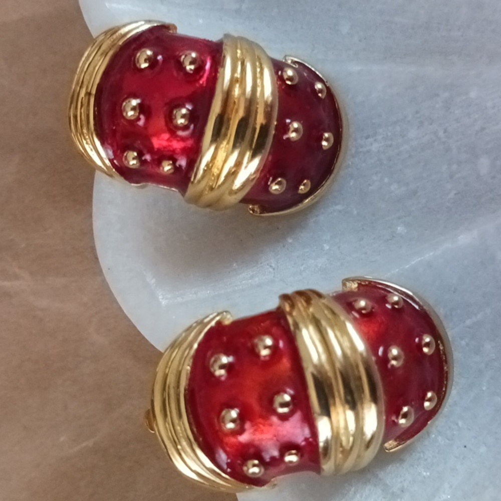 Maresca Vintage Gold and Red Enamel Clip-on Earrings